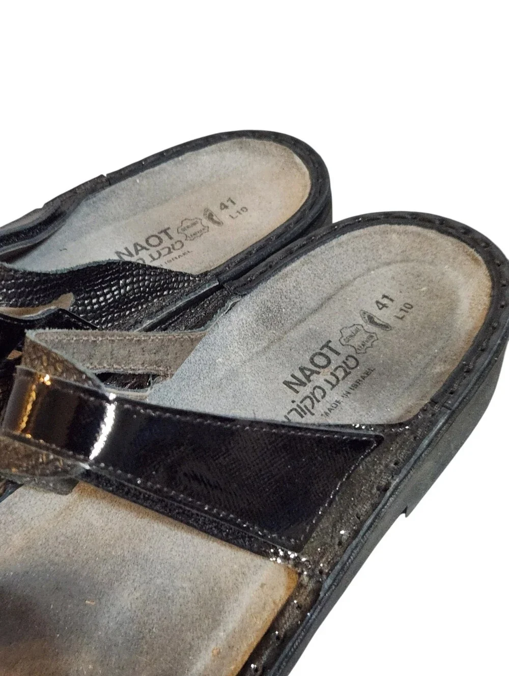 Naot Sandals Womens 41 10 10.5 Black Patent Leather Double Strap Shoes Hook Loop